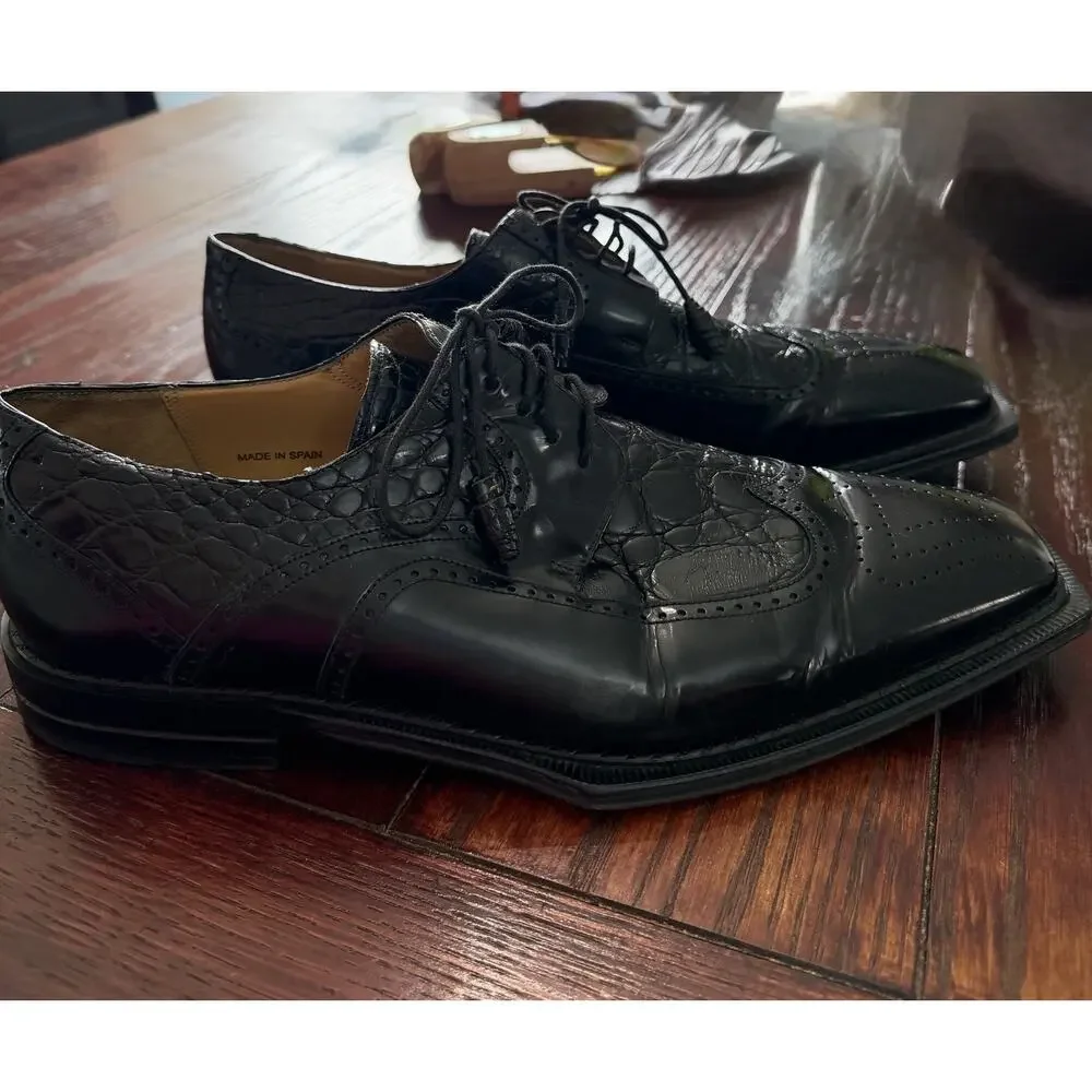 Mezlan Genuine Crocodile Leather Black Wingtip Square Toe Dress Shoes